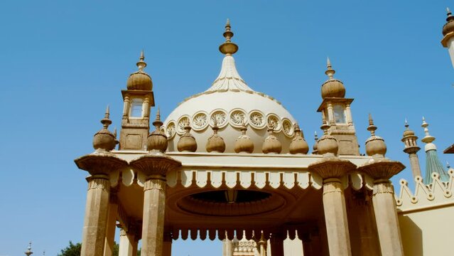Establishing view of the stunning Royal Pavilion, also known as the Brighton Pavilion, a former royal residence completed in 1823