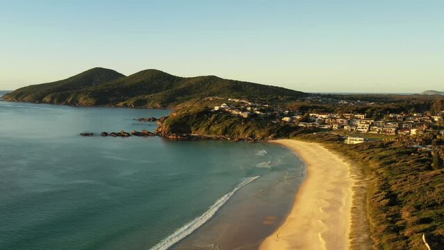 One mile beach in Forster town of Australian pacific coast &ndash; aerial fly as 4k.
