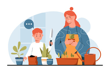 People taking care of plants. Mother with son grow flowers in apartment. Little helper, household chores and routine. Woman and boy gardening at home, watering plants. Cartoon flat vector illustration