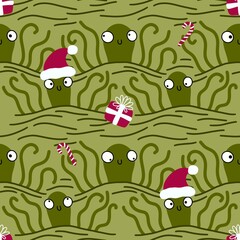 Christmas on the beach seamless cartoon octopus Santa hat pattern for clothes print and wrapping and kids
