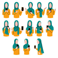 Set of muslim woman character holding phone