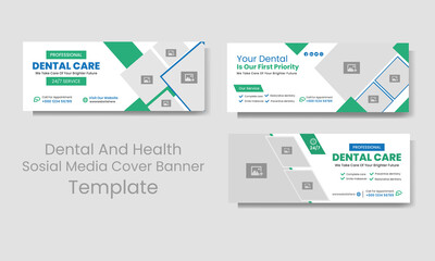 Dental social media cover design template. Medical healthcare banner. Minimalist web banner for medical services, timeline poster. Dentist and dental care social cover photo design with creative shape