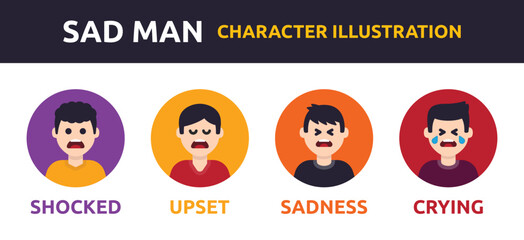 Sad man character illustration. Cartoon character with shocked, upset, sadness and crying emotion. Unhappy expression concept.