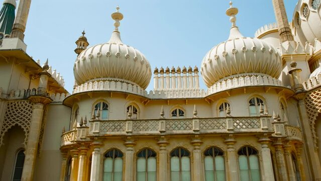 Establishing view of the stunning Royal Pavilion, also known as the Brighton Pavilion, a former royal residence completed in 1823