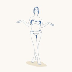 Illustration of a beautiful fashion model posing in a stylish swimsuit. Young attractive woman in bikini. Sketch style outline