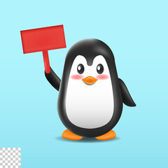 3d illustration cute penguin holding wood banner  isolated design