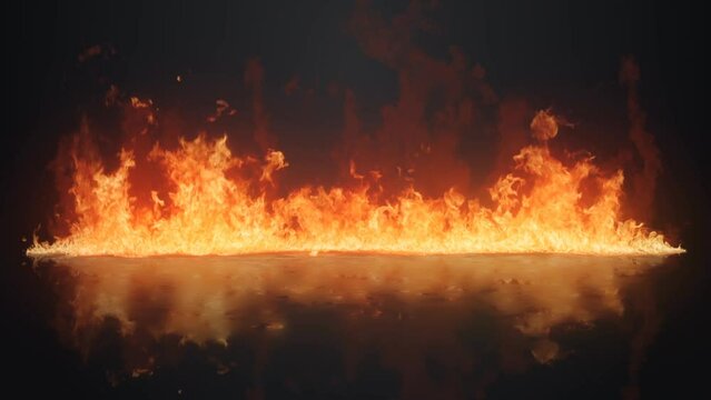 Fire Blazing on a Reflective Surface Background 4K features a line of fire blazing on a reflective wet surface in a dark atmosphere.