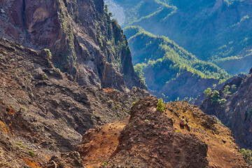 Rough landscape of volcanic hiking terrain and dangerous steep sides. Scenic mountain view of Roque de Los Muchachos in La Palma, Canary Islands, Spain. Popular travel or overseas tourism destination