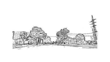 Building view with landmark of Narva is a municipality and city in Estonia. Hand drawn sketch illustration in vector.