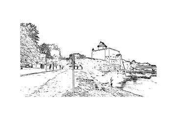 Building view with landmark of Narva is a municipality and city in Estonia. Hand drawn sketch illustration in vector.