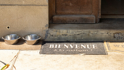 Close-up on the threshold of a home and its welcome mats