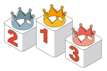 1から3の数字が書かれた台座に置かれた3色の王冠　アイソメトリック