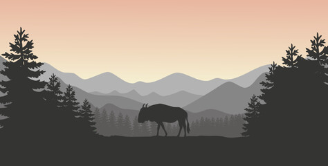 The Best Wildebeest Shadow in the Middle of Forest Vector With Pastel Colors