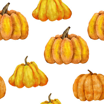Watercolor hand drawn seamless pattern with yellow pumpkins and leaves, fall autumn background. Thanksgiving Halloween harvest farm cottage fabric print.