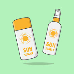 Sunscreen Lotion And Sunscreen Spray Cartoon Vector Illustration. Sun Protection Cosmetic Product Flat Icon Outline. Sunblock Or Skincare