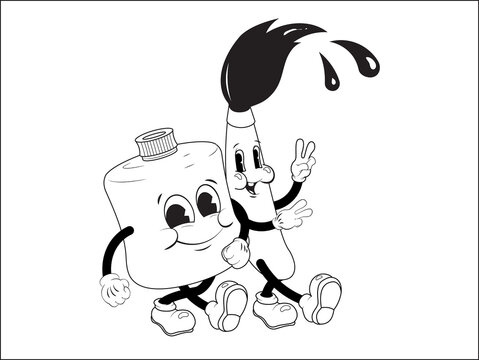 Line cartoon drawing of paint and paint brush ready for school