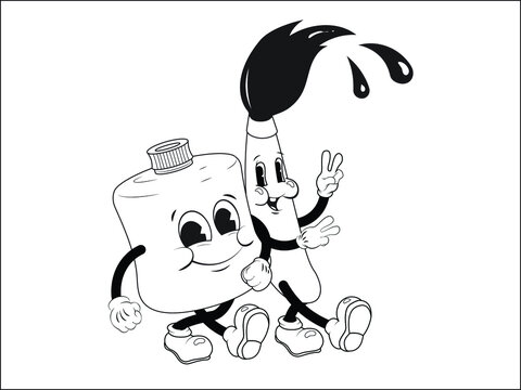 Line cartoon drawing of paint and paint brush ready for school