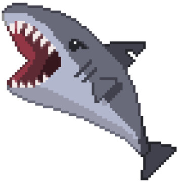 An 8-bit retro-styled pixel-art illustration of a vicious shark.