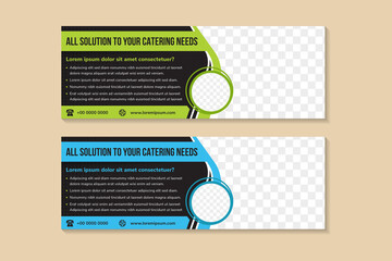 flyer template design with headline is all solutions to your catering needs. circle space of photo collage and text. Advertising banner with horizontal layout. black background,  blue green elements.