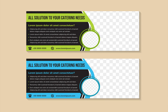 flyer template design with headline is all solutions to your catering needs. circle space of photo collage and text. Advertising banner with horizontal layout. black background,  blue green elements.