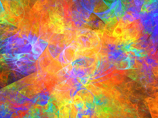 Digitaal concept art-beeld samengesteld uit overlappende wazige vlekken in warme kleuren die een reeks laten zien van wat lijkt op cirkelvormige fakkels van een gloeiende ster.