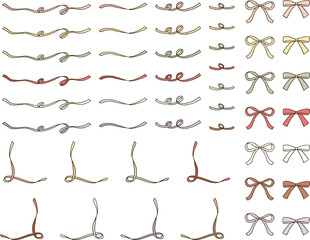 シンプルなタッチ　手描きの細いリボンのあしらい用イラストレーションセット
