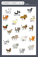 The task is to go through a maze of numbers from 1 to 20 with pets .  Educational exercises for preschool children
