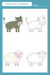 Obraz premium Coloring book of a cow and sheep. Educational creative games for preschool children 