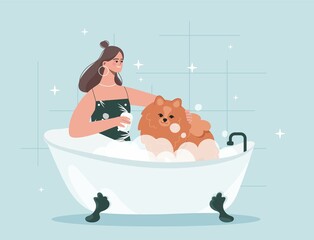 Naklejka premium Woman washing dog. Young girl with sponge apply soap on pet. Owner takes care of animal. Beauty and hygiene. Routine and household chores. Pet grooming at house. Cartoon flat vector illustration