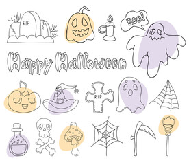 Set doodles Happy Halloween. Jack pumpkin, ghost, skull and crossbones, grave, fly agaric, witch hat, scythe and broom, web and spirit. Vector isolated outline elements for decor, design, decoration