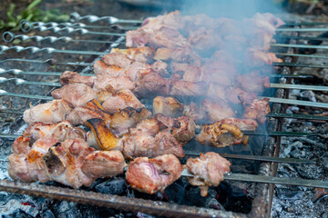 Georgian mtsvadi, Shashlik preparation. Smoking shashlik on the grill. BBQ