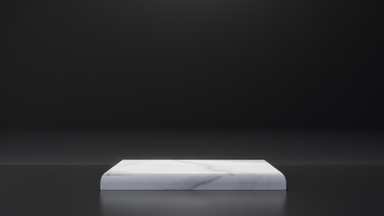 White marble product rectangle table stand on black background. Abstract minimal geometry concept. Studio podium platform. Exhibition and business presentation stage. 3D illustration render graphic