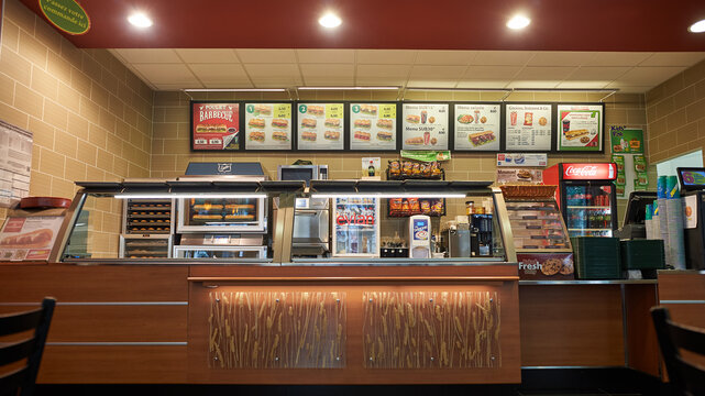 NICE, FRANCE - AUGUST 15, 2015: interior shot of Subway fast food restaurant in Nice.