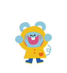 雨でカッパを着れるのが大好きなねずみさんのイラスト