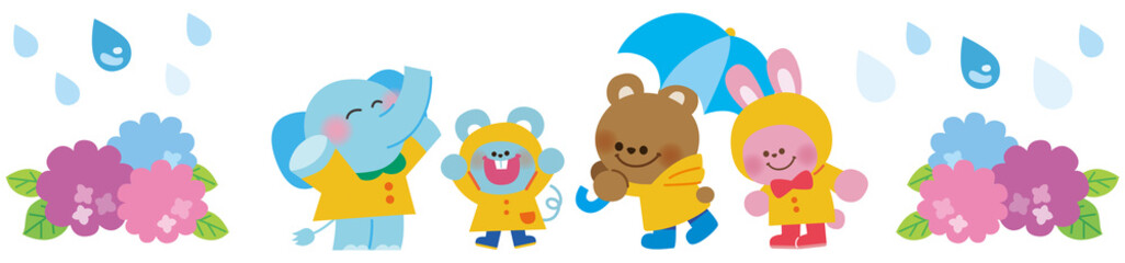 雨の日にお出かけするゾウさんとネズミさんとクマさんとウサギさんのイラスト