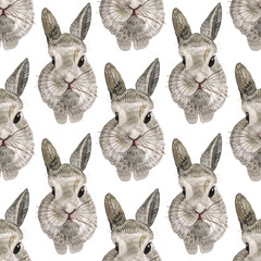 Seamless pattern watercolor brown black rabbit isolated on white background. Hand-drawn symbol new year 2023. Art for winter or spring holiday celebrations and for easter. Wrapping sticker wallpaper
