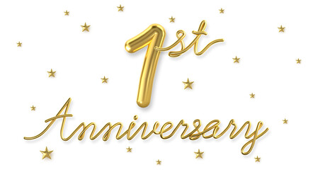 3d golden 1 years anniversary celebration with star background. 3d illustration.	
