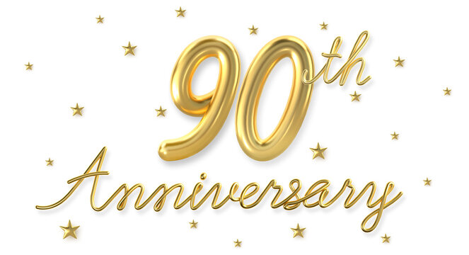 3d golden 90 years anniversary celebration with star background. 3d illustration.	
