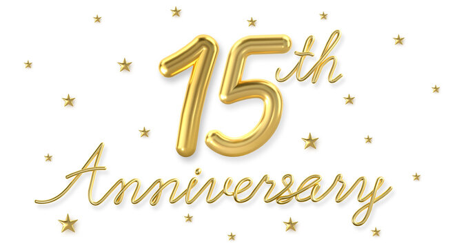 3d golden 15 years anniversary celebration with star background. 3d illustration.	
