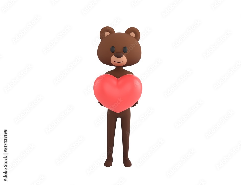 Poster Bear character giving red heart in 3d rendering.