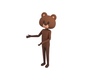Bear character doing welcome gesture in 3d rendering.