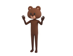 Bear character raising hands and showing palms in surrender gesture in 3d rendering.