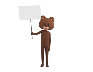 Bear character holding blank banner in 3d rendering.