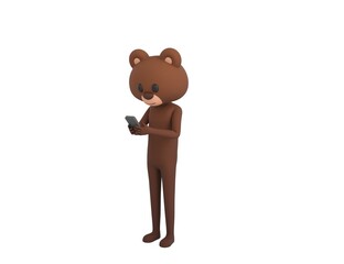 Bear character types text message on cell phone in 3d rendering.