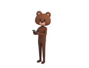 Bear character using smartphone and looking to camera in 3d rendering.