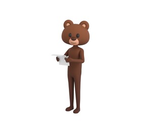 Bear character reading paper and looking to camera in 3d rendering.
