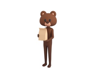 Bear character holding paper containers for takeaway food in 3d rendering.
