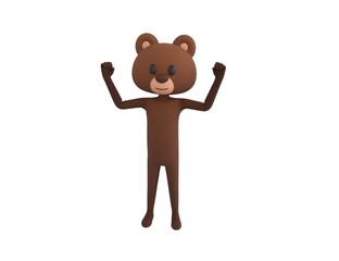 Bear character raising two fists in 3d rendering.