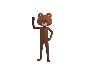 Bear character raising right fist in 3d rendering.