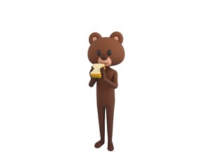 Obraz premium Bear character eating sandwich in 3d rendering.
